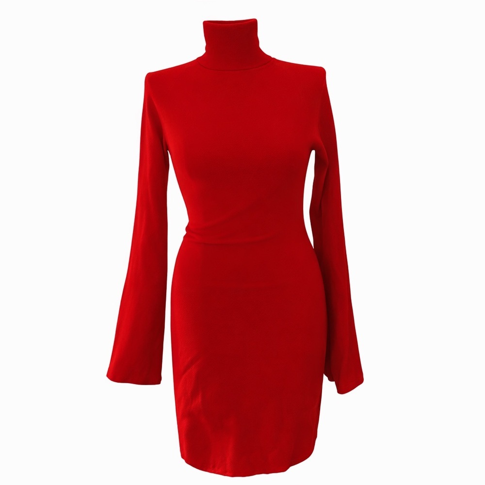 BCBGMAXAZRIA Red Knit Bodycon Mini Dress Turtleneck Bell Sleeve S